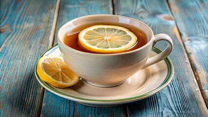 Sticker - Cup of tea with lemon on a wooden table.