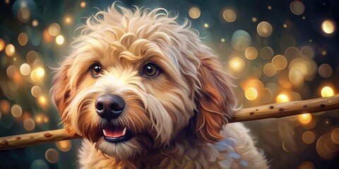 Sticker - Charming dog with bokeh background lights.