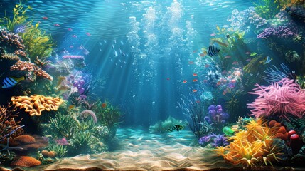 Wall Mural - Vibrant underwater scene with colorful coral reefs,tropical fish,and sunbeams. a concept for a nature,ocean,or marine life themed design.