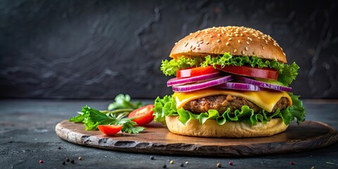 Poster - Burger with cheese, tomatoes, red onions, cucumber, and lettuce served on a black slate over a dark background, burger