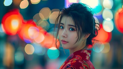 Wall Mural - Woman in Kimono with Bokeh Lights.