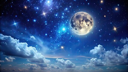 Canvas Print - Beautiful night sky with a full moon and twinkling stars , astronomy, night, celestial, space, lunar, sky, nighttime, galaxy