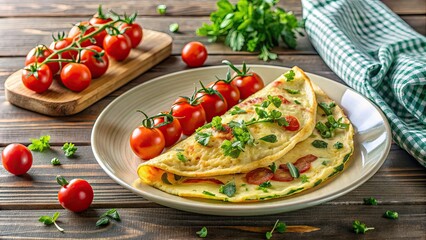 Poster - Cheese Omelette on a plate with tomatoes and herbs , breakfast, egg dish, food photography, delicious, meal, savory, brunch