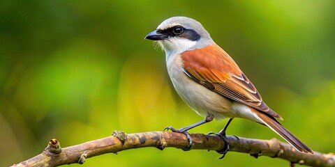 Wall Mural - A detailed close-up photo of a red backed shrike perched on a branch in the forest, red backed shrike, bird, wildlife