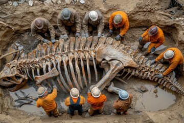 A team of paleontologists is carefully uncovering the skeletal remains of a dinosaur at an archaeological excavation site.