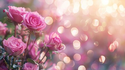 Sticker - Pink rose flowers on sparkling bokeh background for romantic occasions with text space