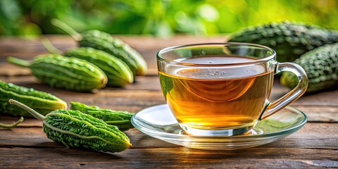 Canvas Print - Close up of a cup of bitter gourd tea with natural ingredients, bitter gourd, tea, cup, drink, healthy, organic, herbal