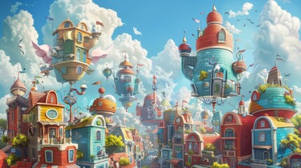 Wall Mural - Whimsical creatures and playful characters in a cute cityscape AI generated illustration