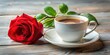 © Sujid - Close-up of a cup of coffee next to a vibrant red rose, romantic, drink, morning, love, floral, beauty, close-up