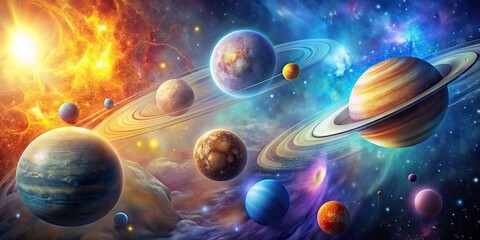 Wall Mural - Abstract solar system with surreal elements and bright colors , surreal, imaginary, planets, stars, galaxies, space