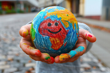 Wall Mural - Close-up image of a child holding globe Earth in his hand. Protecting environment concept.