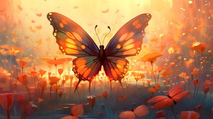 Canvas Print - Butterfly in a Field of Flowers Illustration