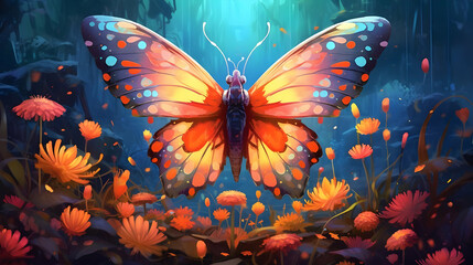 Wall Mural - Colorful Butterfly Illustration with Flowers