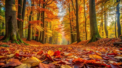 Canvas Print - A peaceful autumn scene in the woods with colorful leaves covering the forest floor , Fall, foliage, trees, nature