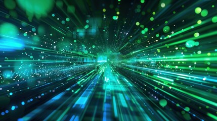 futuristic glowing green digital cyberspace with glowing particles and fast moving data stream