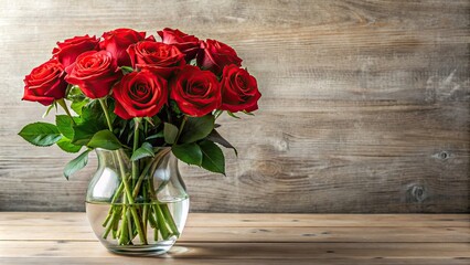 Poster - Beautiful bouquet of red roses in a clear glass vase, roses, flowers, bouquet, vase, red, petals, arrangement, floral