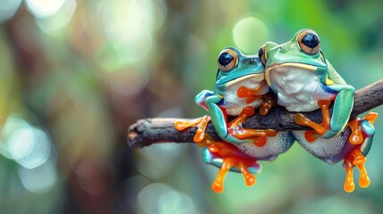 Two Vibrant Frogs Resting on a Branch