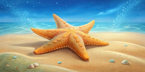 Sticker - Two starfish on a sandy beach with a blue sky.