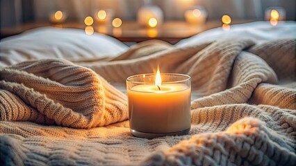 Poster - Candle burning on a cozy bed, candle, flame, bedroom, relaxation, ambiance, romantic, cozy, comfort, bedding, pillows, fire