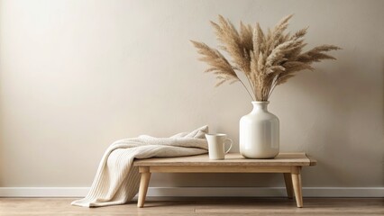 Canvas Print - Minimalist room with a bench and dried plants.