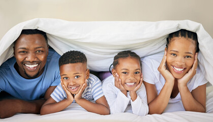 Sticker - Black family, blanket and relax in home portrait, bonding and security in relationship or love. Parents, children and duvet for fort or care in bedroom, morning happiness and rest together on bed