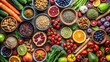 © Sujid - Assorted fruits, vegetables, nuts, and seeds arranged beautifully from a top view, fruit, vegetables, nuts, seeds, variety