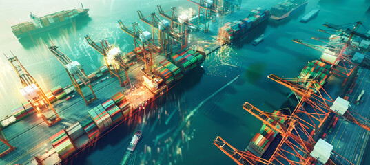 Wall Mural - An aerial view of a cargo ship docked at a busy harbor, surrounded by cranes and containers. The ship is illuminated by the early morning light