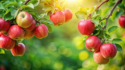 Apples hanging on a lush green tree branch , orchard, fresh, harvest, nature, organic, ripe, healthy, foliage, red