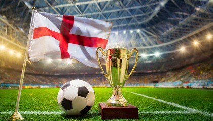 Wall Mural - England flag with football and cup trophy in a stadium for the European Championship