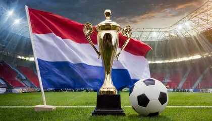 Wall Mural - Netherlands flag with football and cup trophy in a stadium for the European Championship