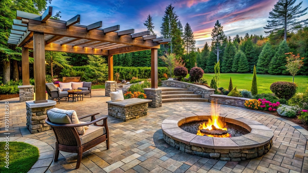 A beautifully designed backyard hardscape featuring stone patio, fire ...
