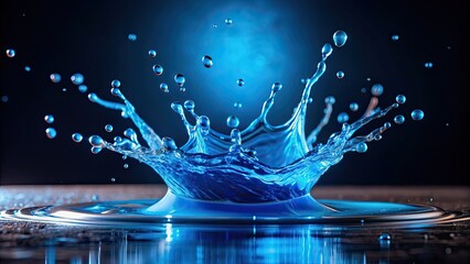 Poster - Blue liquid splashing on laboratory table creating dramatic spray and droplets, science, exploration, laboratory, experiment