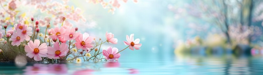 Wall Mural - Pink Cosmos Flowers Floating on Water with Blurred Background.