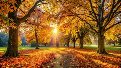 Sticker - Autumn in the park with colorful leaves, tranquil atmosphere, and golden sunlight filtering through the trees , autumn, park