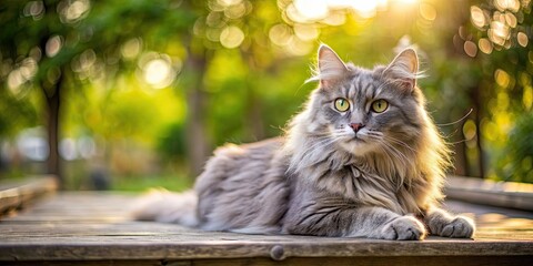 Poster - A fluffy grey cat lounging in the sun at the park, cat, park, feline, animal, outdoor, relax, leisure, tabby, pet, domestic, adorable