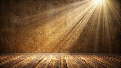 Wall Mural - Brown textured wall with wooden floor illuminated by sunbeams, brown, textured, wall, wooden, floor, sunbeams, light, natural, interior