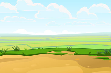 Wall Mural - distant fields in plain. scenery landscape. fun cartoon style. vector