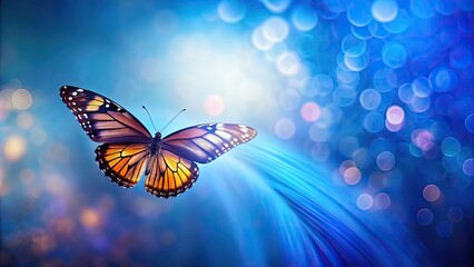 Poster - A beautiful butterfly gracefully hovers against a vibrant blue background, butterfly, insect, wings, nature, colorful