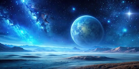 Wall Mural - blue alien landscape with starry sky and moon, alien, landscape, blue, starry, sky, moon, extraterre