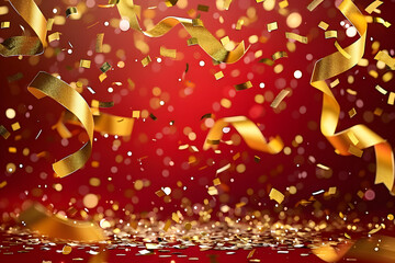 Poster - celebration background template with gold confetti and gold ribbons on red background falling shiny golden confetti gold festive party festive party or holiday glitter backdrop luxury card