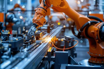 Wall Mural - a robotic arm working on a machine in a factory