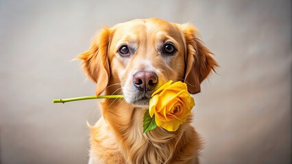 A cute dog holding a vibrant yellow rose in its mouth, adorable, pet, canine, flower, bloom, yellow, love, affection, companion