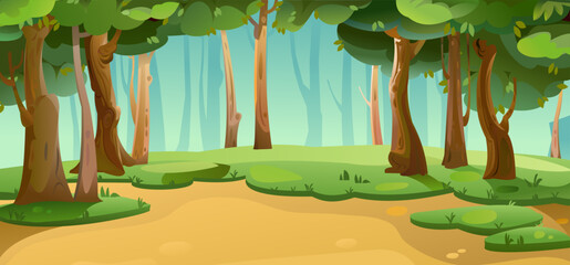 Wall Mural - sand clearing in forest. view of trees. scenery landscape. fun cartoon style. vector