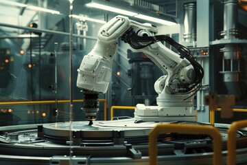 Poster - a robot operating a machine in a factory