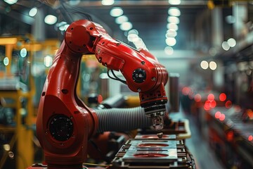 Poster - a red robotic arm working on a piece of equipment