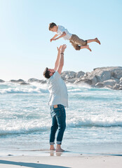 Poster - Beach, playing and father with child in air for holiday, vacation and adventure in nature. Family, summer and dad throw boy by ocean for bonding, relationship and fun outdoors by seaside to relax