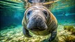 © Sujid - Close-up of a manatee underwater covered in algae, manatee, underwater, marine life, sea cow, algae, wildlife, close-up