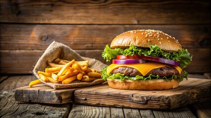 Sticker - Cheeseburger with French Fries on a rustic wooden table, cheeseburger, french fries, fast food