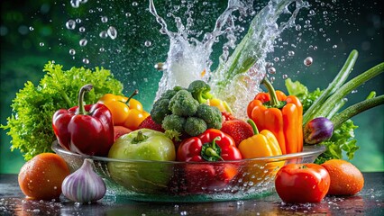 Poster - Close-up of assorted vegetables being washed in water, with drops splashing in the air, healthy, fresh, organic, cleaning