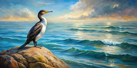 Poster - Abstract oil painting of a seabird perched on a rock at the water's edge, seabird, rock, water, edge, abstract